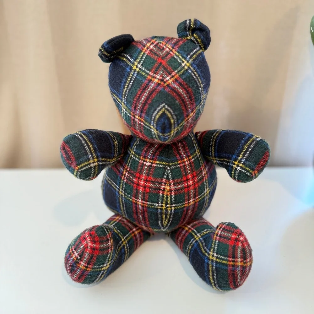 Tartan Plaid Teddy Bear Red Green Navy Blue Checkered Woven Fabric Plush Toy